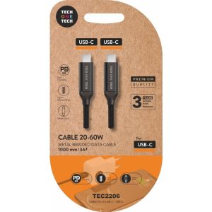 USB 2.0 Tipo C Tech One Tech TEC2206 / USB Tipo C Macho - USB Tipo C Macho / Até 60W / 480mbps / 1m…