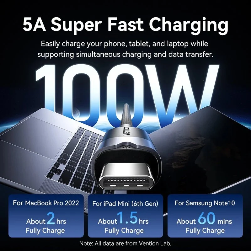 USB 3.2 Type-c 5A Vention TRGBF / USB Type-c Macho - USB Type-c Macho / Até 100W / 10gbps / 1m / Pr… - Image 5